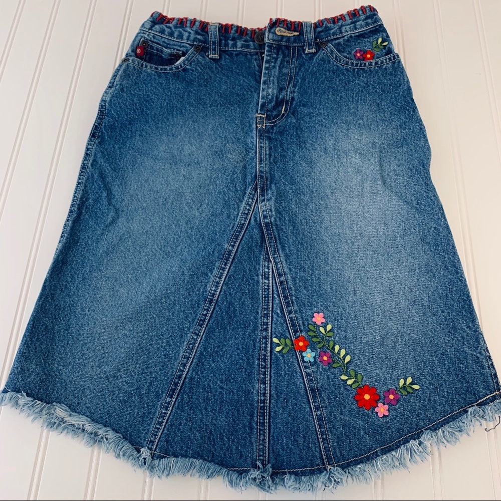 BeBop denim embroidered distressed skirt.